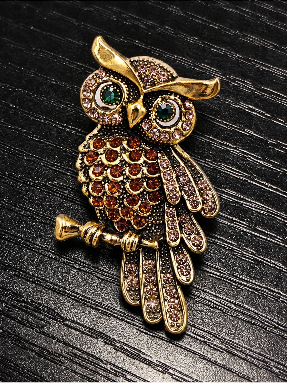 Gold Owl Brooch Pin Rhinestone Crystal Green Eyes Vintage Style Bird Jewelry